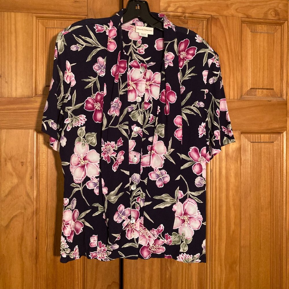 NWOT Jaclyn Smith Vintage 80s 90s Blouse Short Sleeve Career Top Blue Pink Sz M